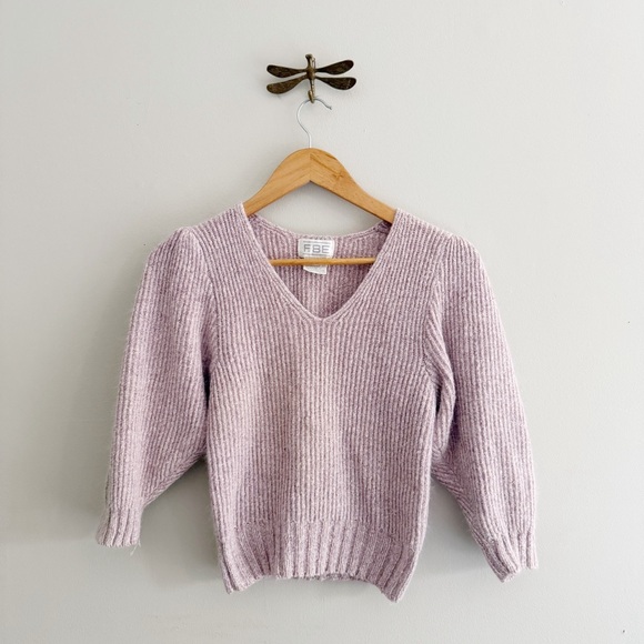 Vintage Sweaters - Vintage Silk & Angora Ribbed Knit Half Puff Sleeve V Neck Sweater Small